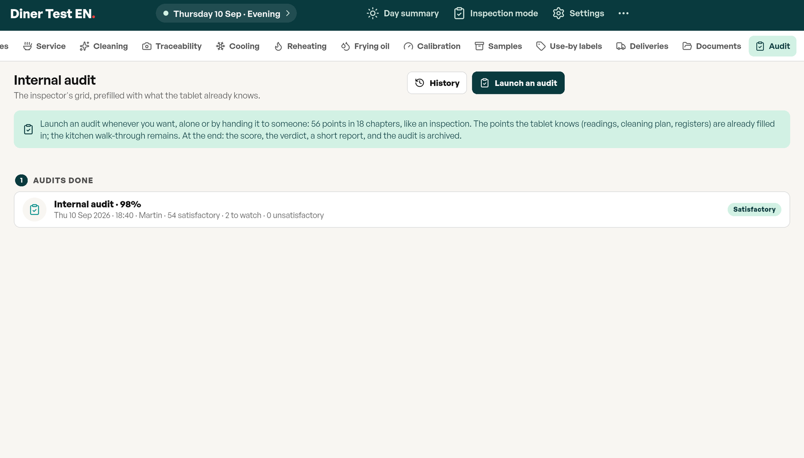 Home screen of the self-inspection module: Launch an audit button and the list of audits done with date, time, first name, 98% score and Satisfactory verdict