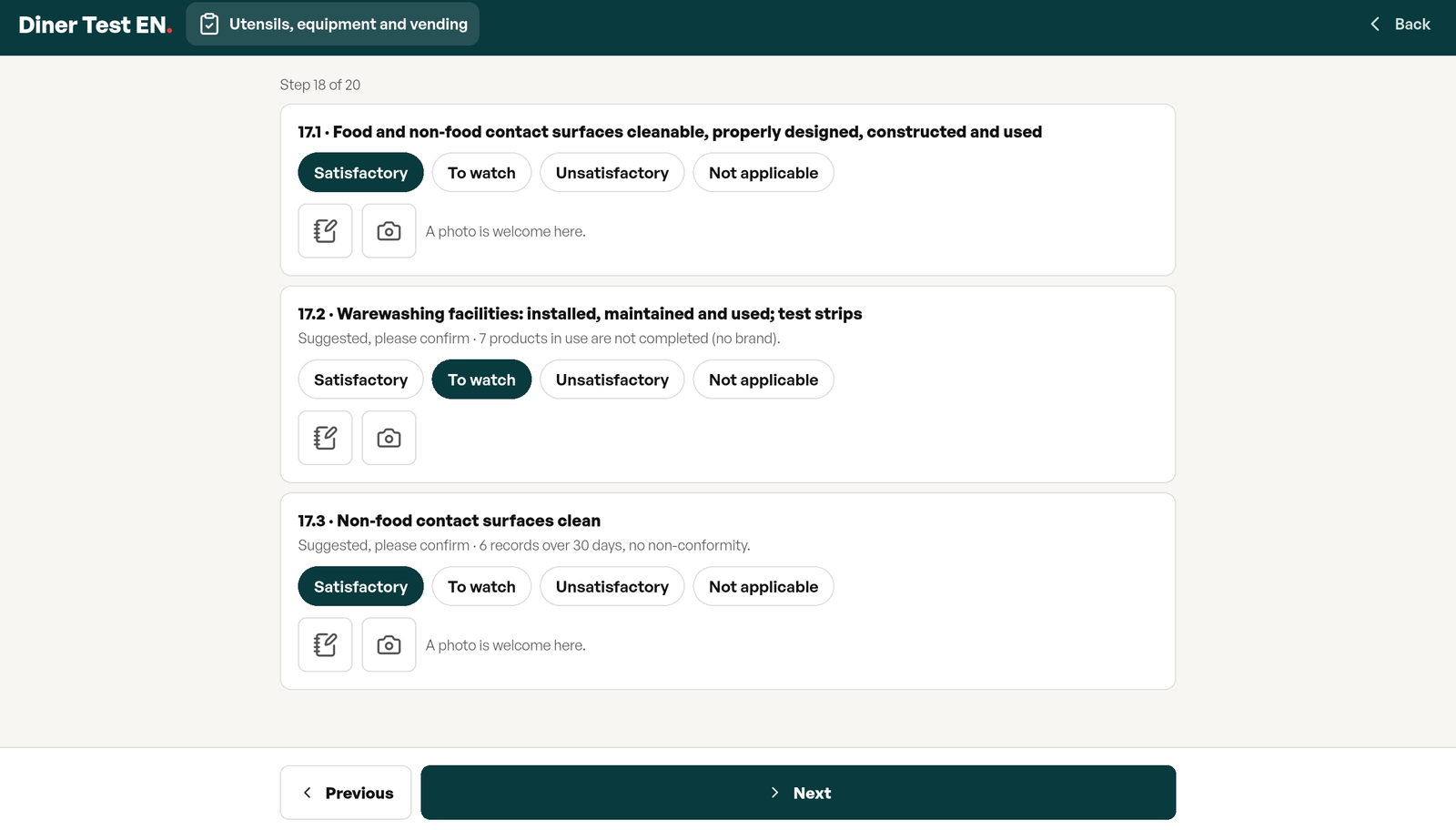 Approved source chapter of the self-inspection: the first points already marked Satisfactory with the note “Prefilled · 2 records over 30 days”, a critical point flagged in red