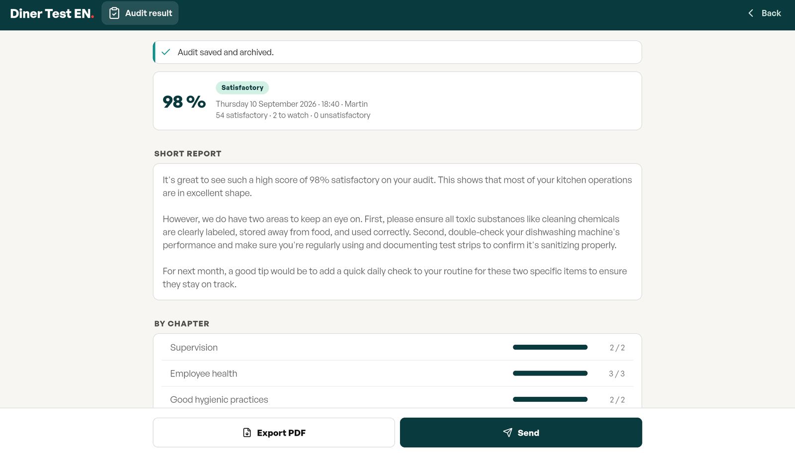 Self-inspection result in Tracito: 98% score, Satisfactory verdict, date, time and first name, a three-paragraph written report and the score chapter by chapter