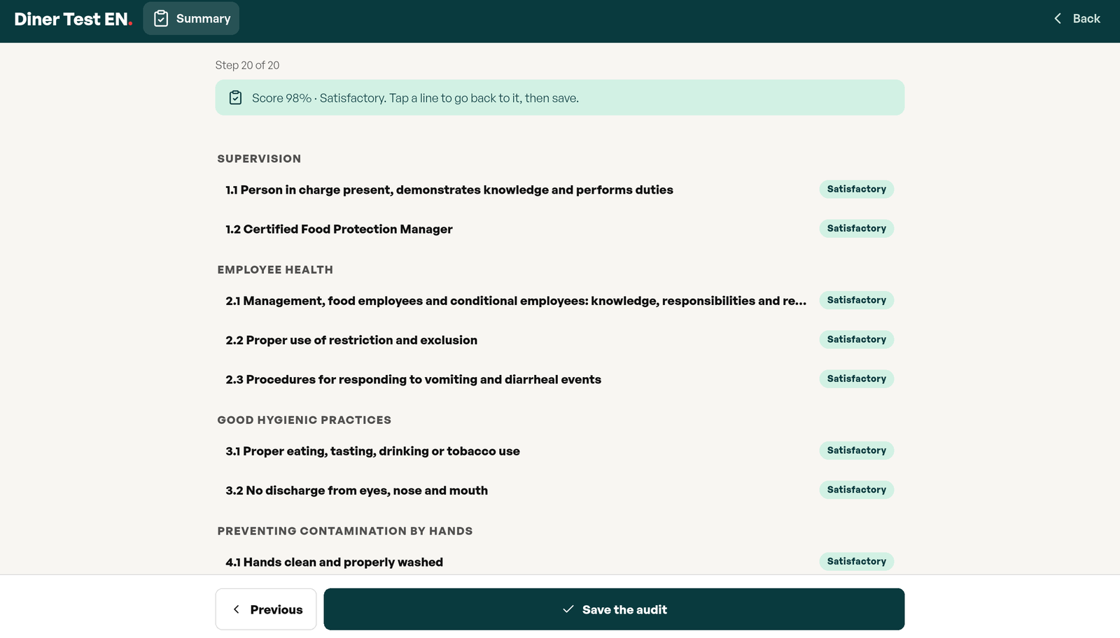 Summary before saving: score 98% Satisfactory, the 56 points listed chapter by chapter from Supervision to Employee health with each verdict, Save the audit button