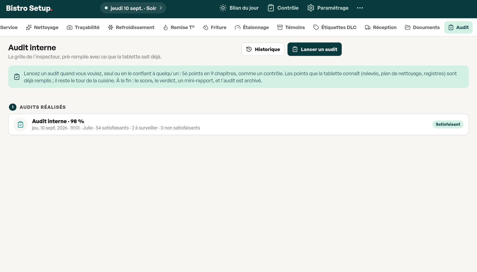 Accueil du module Audit interne : bouton Lancer un audit, liste des audits réalisés avec date, heure, prénom, score de 98 % et verdict Satisfaisant