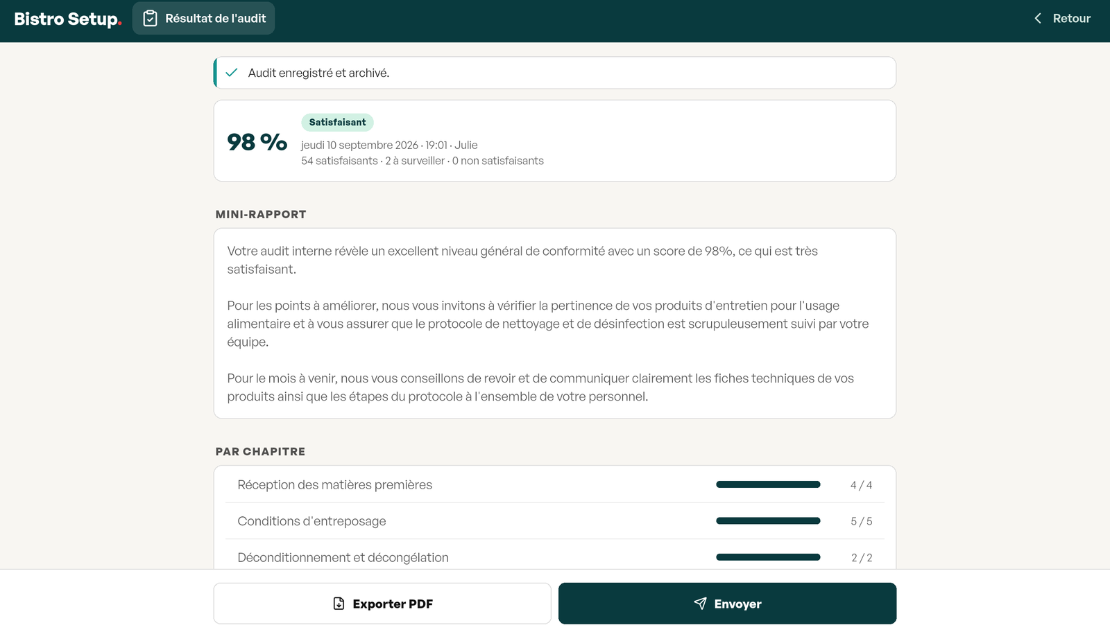Résultat d’un audit interne dans Tracito : score de 98 %, verdict Satisfaisant, date, heure et prénom, mini-rapport rédigé en trois paragraphes et score par chapitre