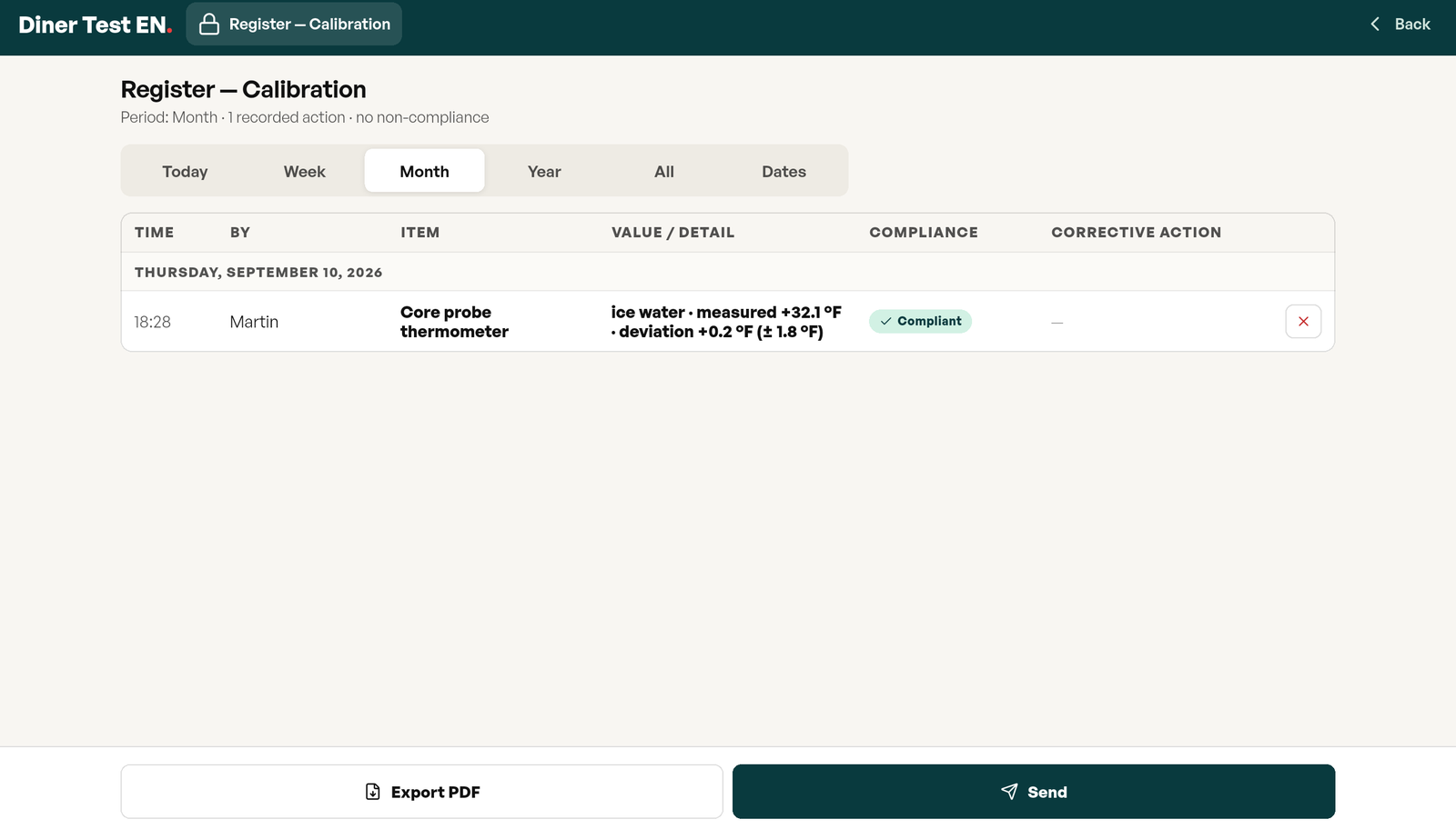 Calibration log register: date, first name, thermometer, bath used, value read, offset and compliance, with Export PDF and Send by e-mail