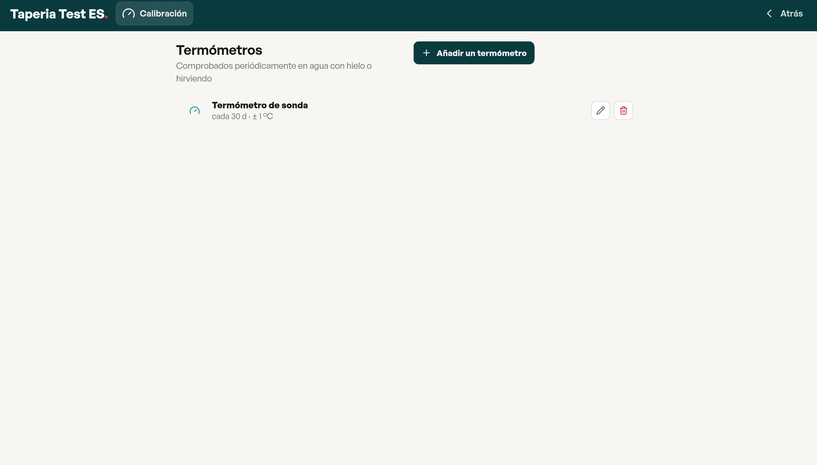 Ajustes del módulo: la lista de termómetros del establecimiento con su periodicidad de comprobación y la tolerancia admitida