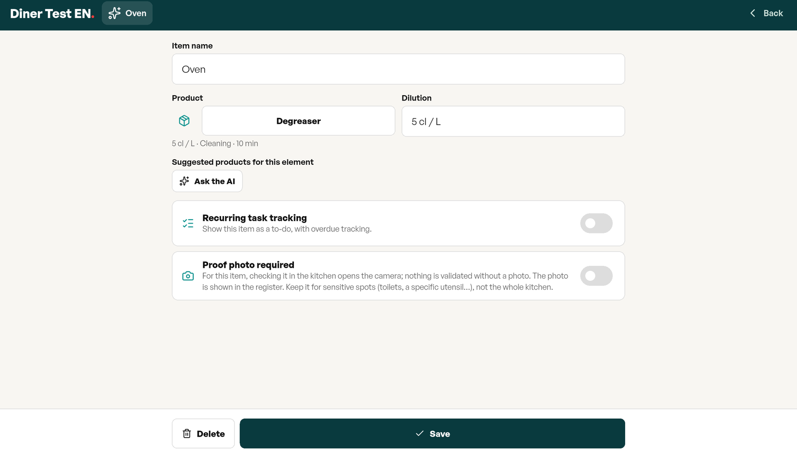 Item card for the Oven: chemical Degreaser at 5 cl per liter, Ask the AI button for suggested chemicals, toggles for due-date tracking and required proof photo