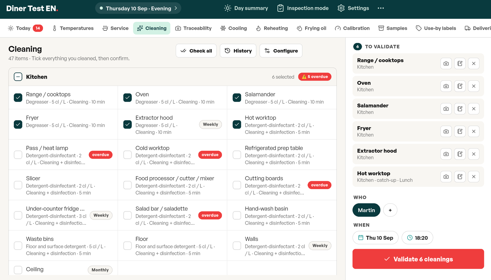 Six items checked in the list and gathered in the To validate panel, one marked catch-up · Lunch, first name Martin and time chosen, button Validate 6 cleanings