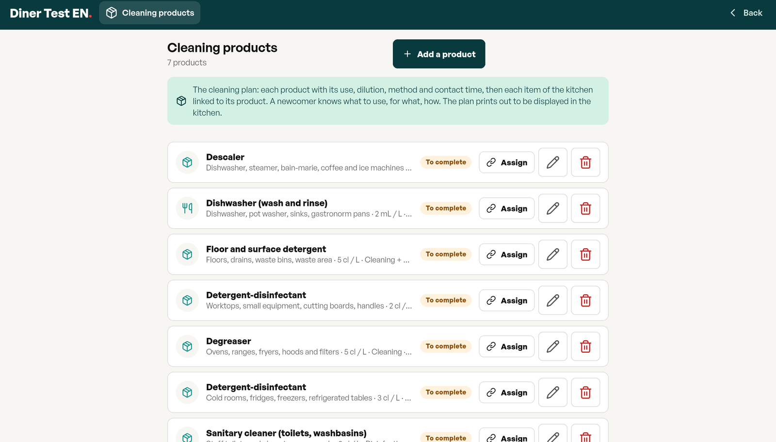 Cleaning chemicals library: seven products by family with their use and dilution, a To complete tag and an Assign button on every line