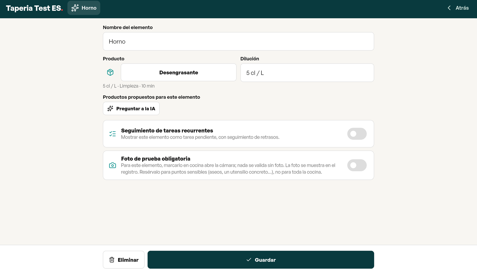Ficha del elemento Horno: producto Desengrasante a 5 cl por litro, botón Preguntar a la IA para los productos propuestos, opciones de seguimiento de vencimientos y foto de prueba obligatoria