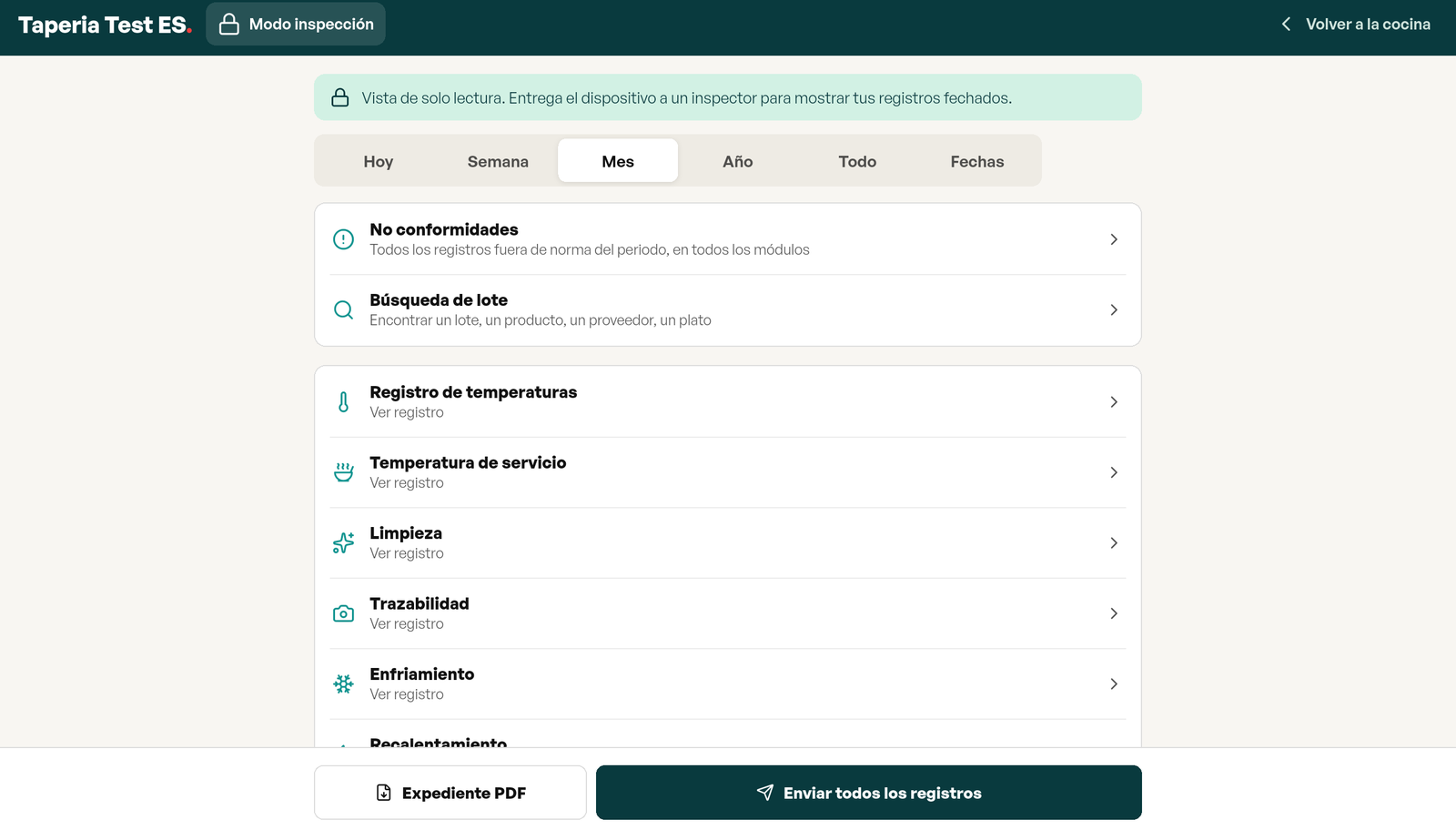 Modo inspección: vista de solo lectura con el periodo, las no conformidades, la búsqueda de lote y la lista de registros, expediente PDF y envío de todos los registros
