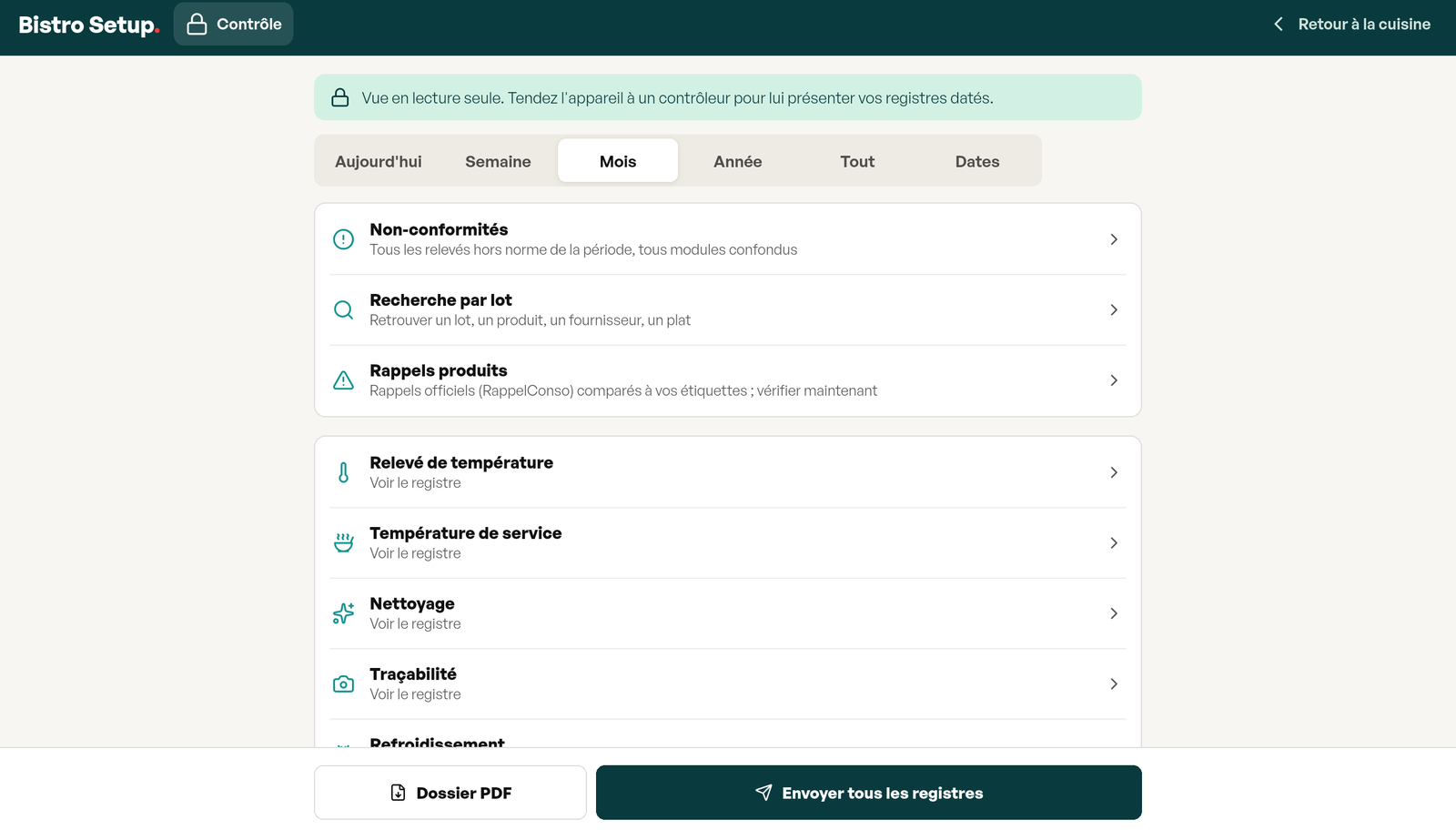 Mode Contrôle : vue en lecture seule avec la période, les non-conformités, la recherche par lot et la liste des registres, dossier PDF et envoi de tous les registres