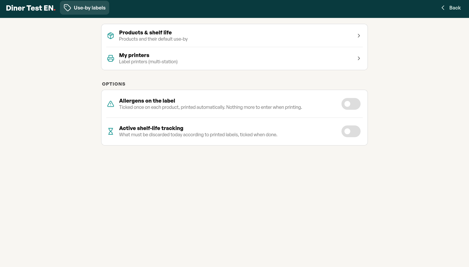 Use-by labels module settings: Products and shelf life, My printers, and two options to switch on, allergens on the label and tracking of labels due