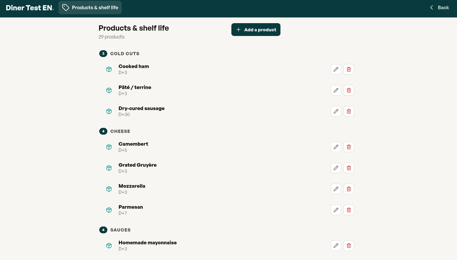 Products and shelf life screen: the 29 products sorted by category, cold cuts, cheese, sauces, each with its D+3, D+5 or D+30 duration and its edit and delete buttons