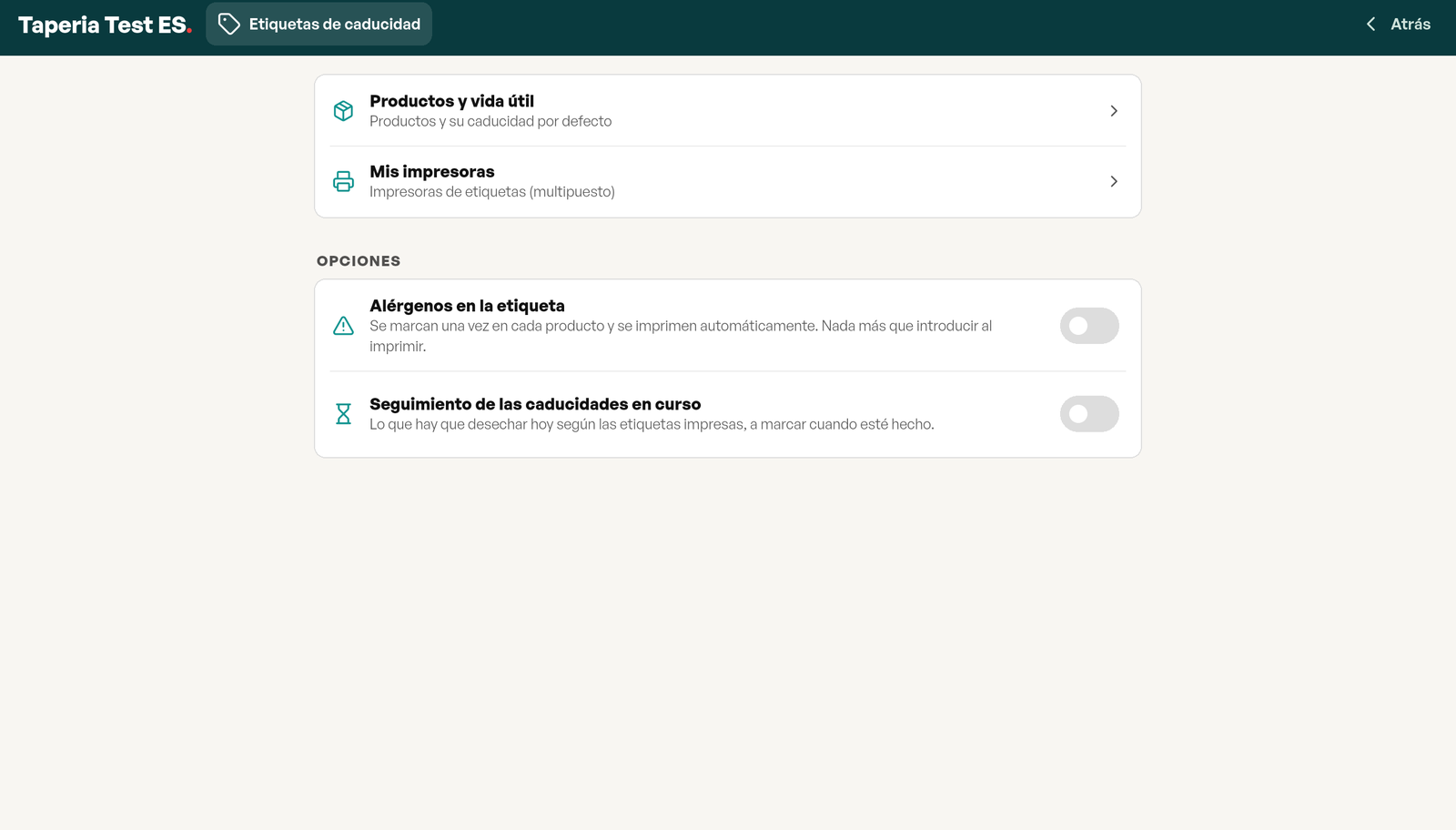 Ajustes del módulo Etiquetas de caducidad: Productos y duraciones, Mis impresoras, y dos opciones para activar, alérgenos en la etiqueta y seguimiento de caducidades en curso