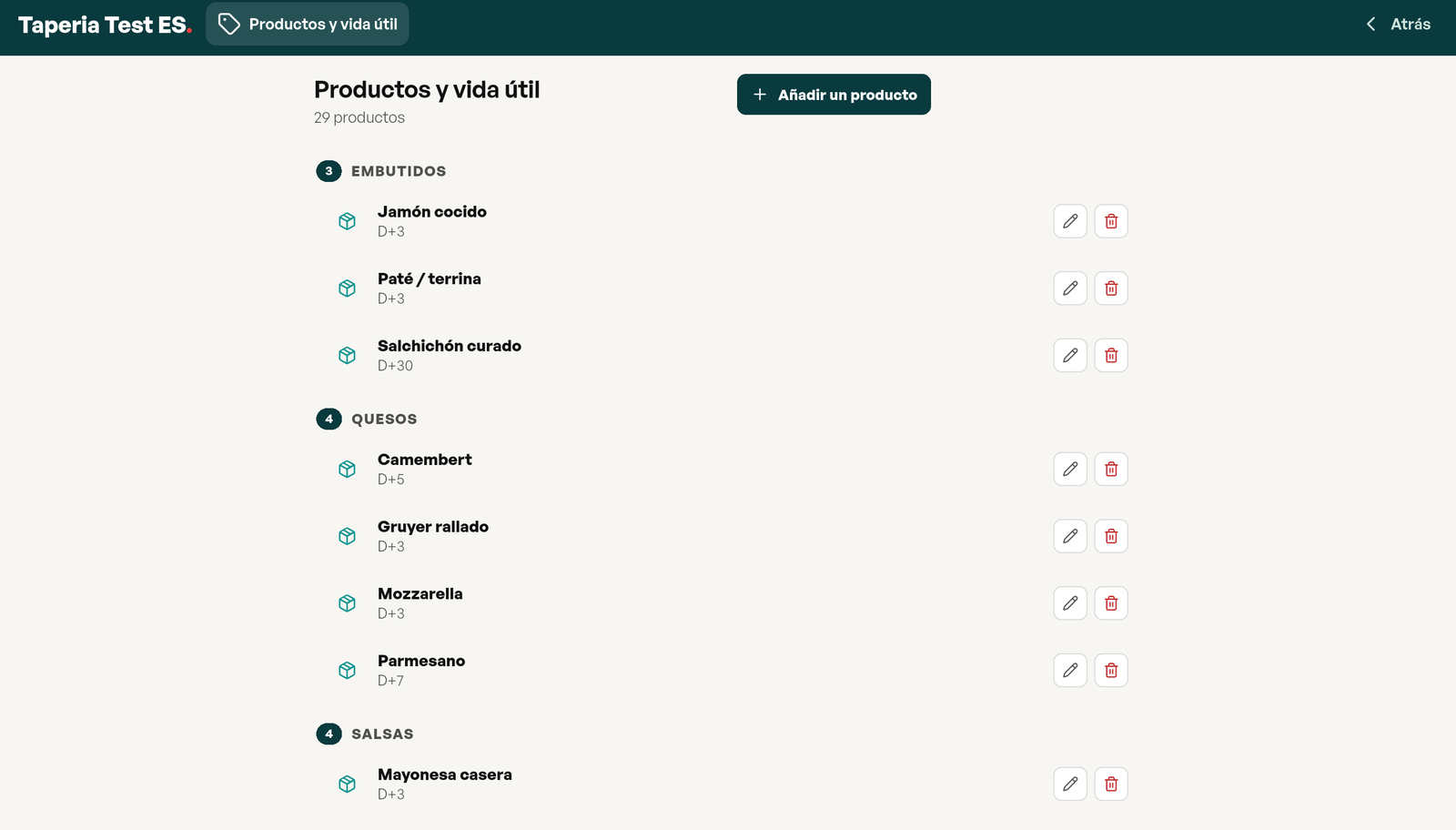 Pantalla Productos y duraciones: los 29 productos ordenados por familia, embutidos, quesos, salsas, cada uno con su duración D+3, D+5 o D+30 y sus botones de editar y borrar