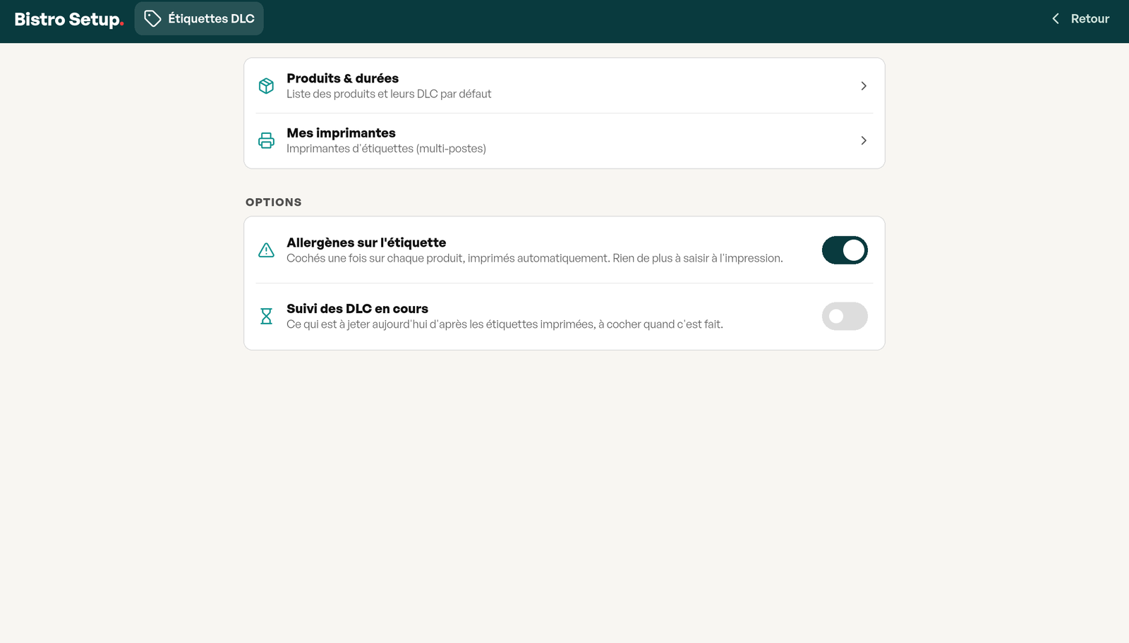 Réglages du module Étiquettes DLC : Produits & durées, Mes imprimantes, et deux options à activer, allergènes sur l’étiquette et suivi des DLC en cours
