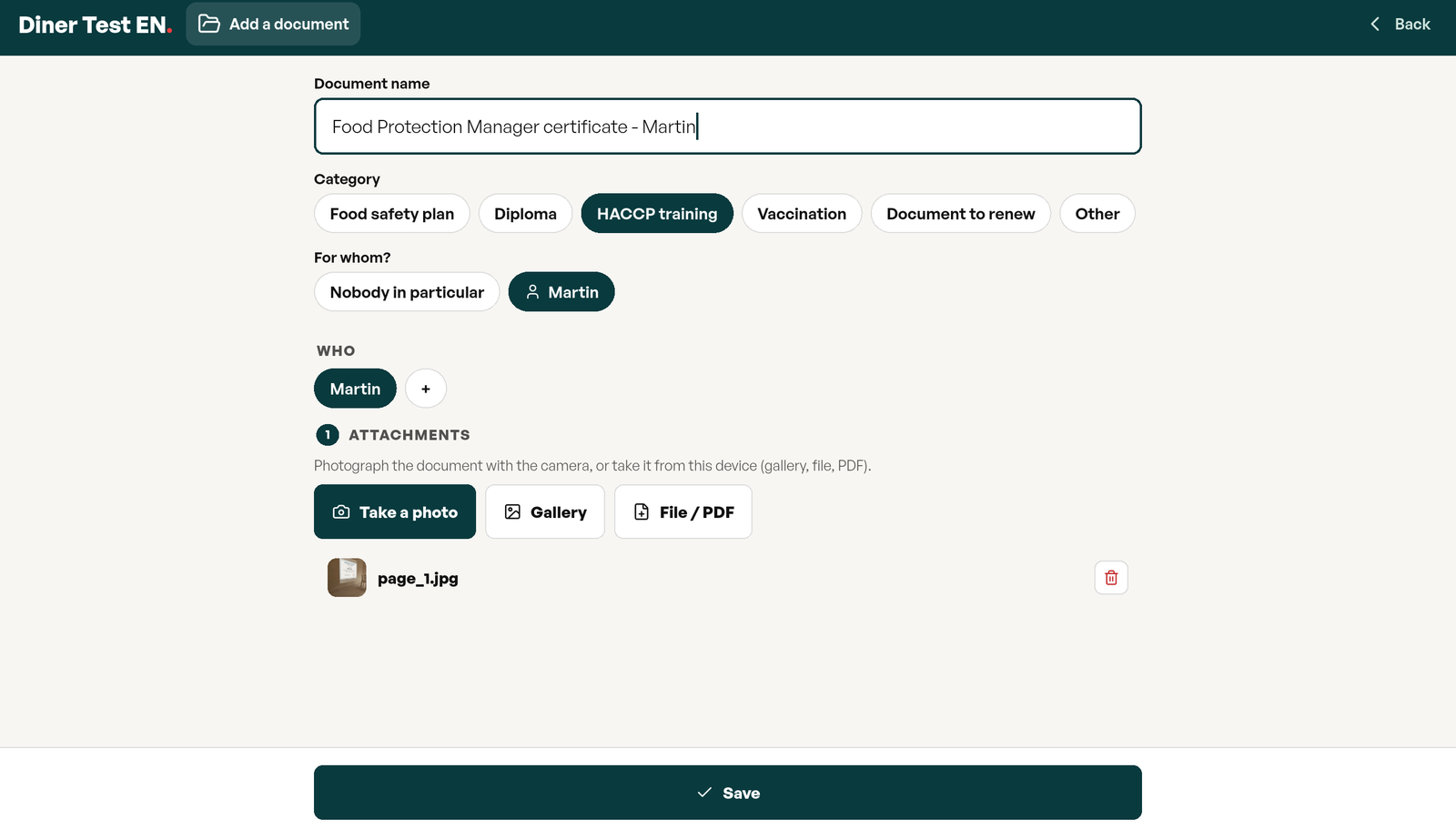 Add a document form: name, category chips, who it is for, and the attachment buttons Take a photo, Gallery and File / PDF