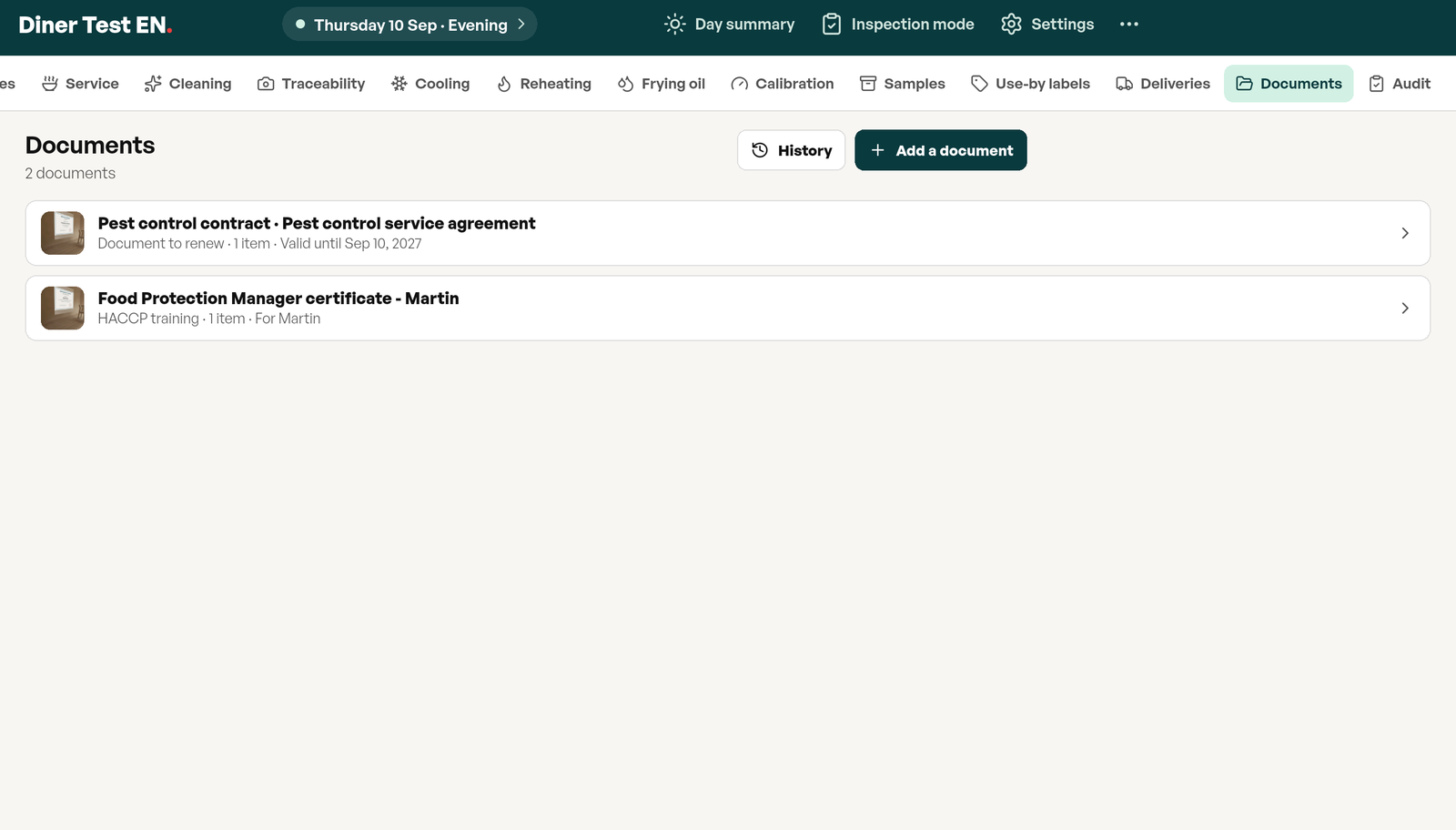 Documents screen in Tracito: a pest control contract valid until Sep 10, 2027 and Martin's Food Protection Manager certificate filed under his name