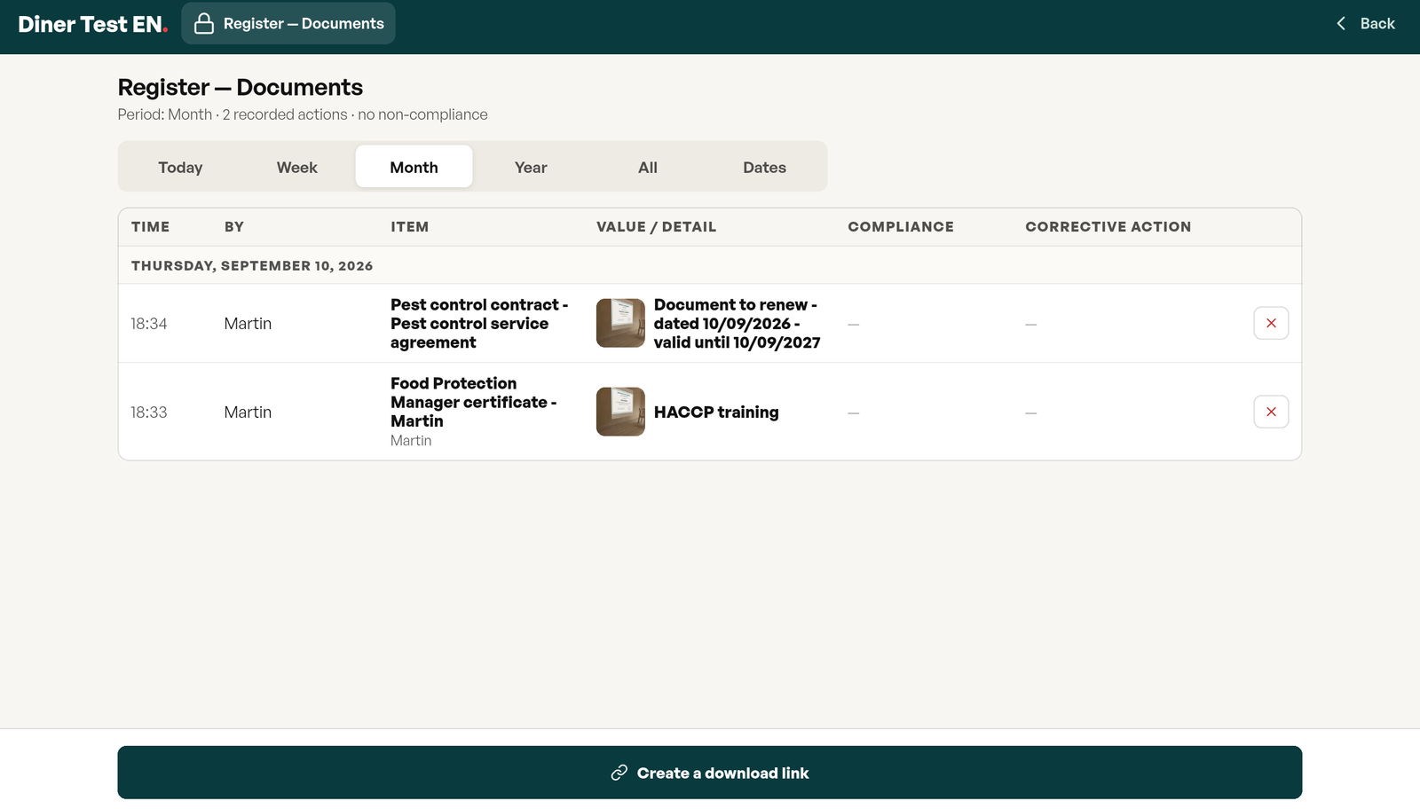 Documents register: date, first name, document filed or removed, category and validity, with Export PDF and Send buttons