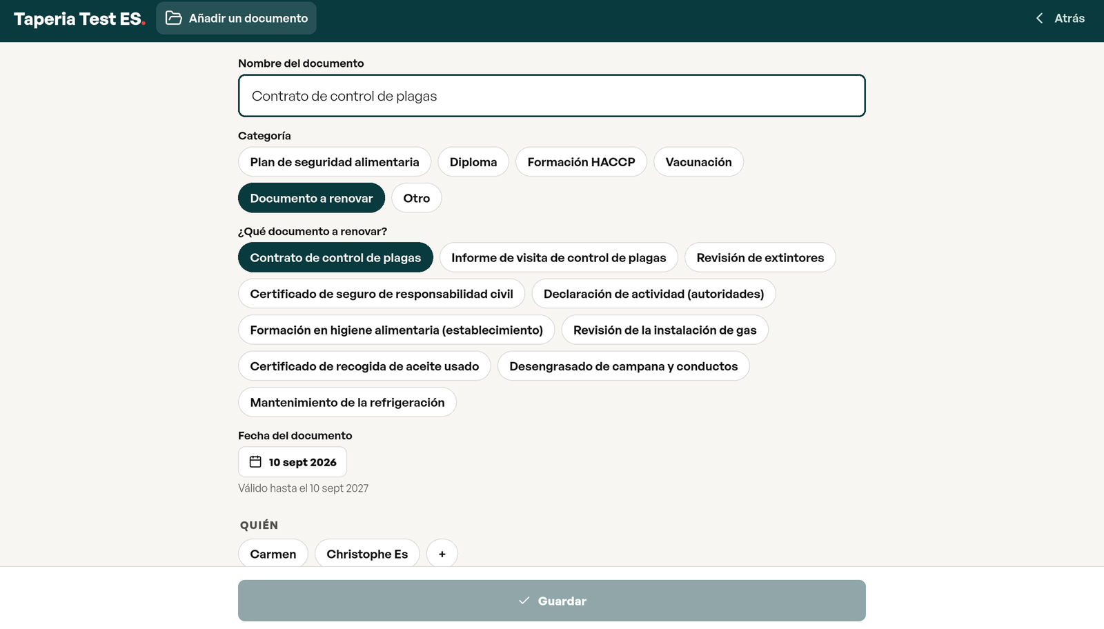 Documento a renovar: el contrato de control de plagas elegido entre diez tipos propuestos, fecha del documento 10 sept 2026 y validez calculada hasta el 10 sept 2027