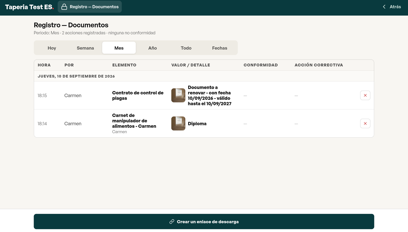 Registro del módulo Documentos: fecha, nombre, documento guardado o retirado, categoría y validez, con exportar PDF y enviar