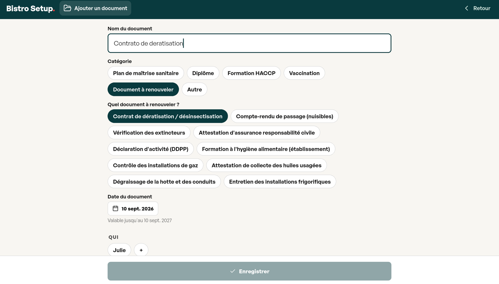 Choix du document à renouveler parmi dix types proposés, date du document au 10 sept. 2026 et validité calculée jusqu’au 10 sept. 2027