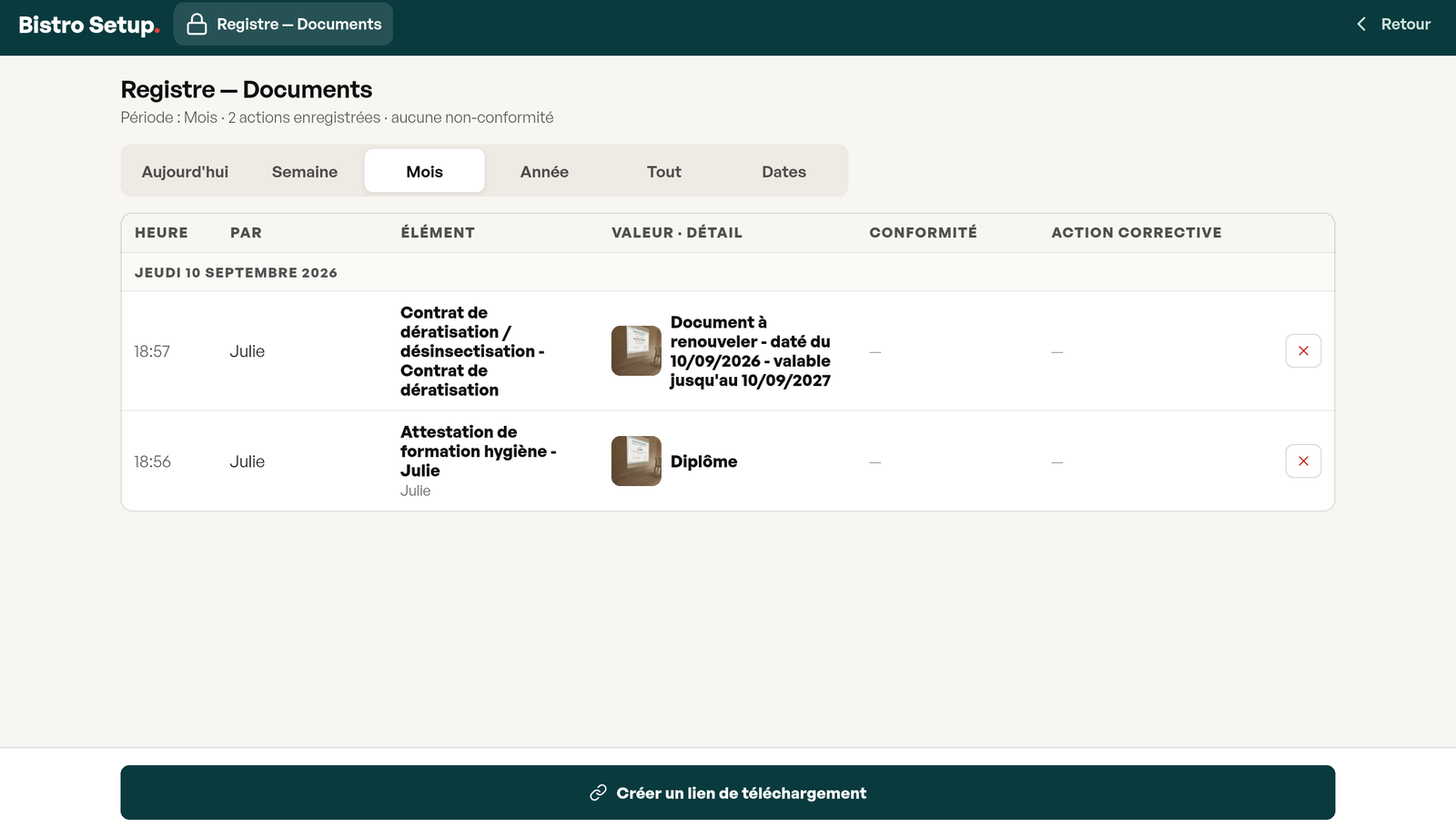 Registre du module Documents : date, prénom, document déposé ou retiré, catégorie et validité, avec export PDF et envoi par e-mail