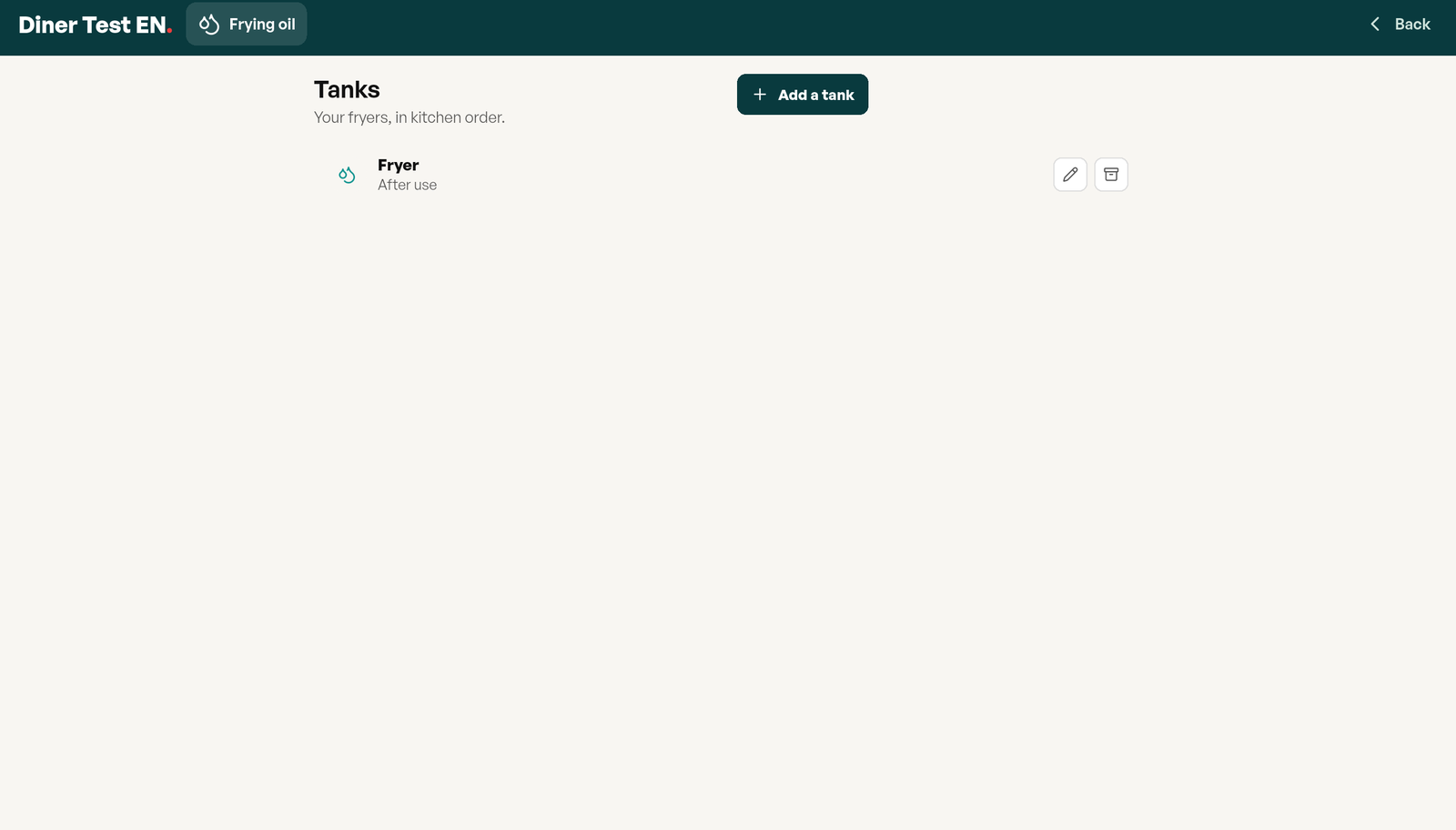 Module settings: the list of fryer tanks, here Fryer tested after use, and the Add a tank button