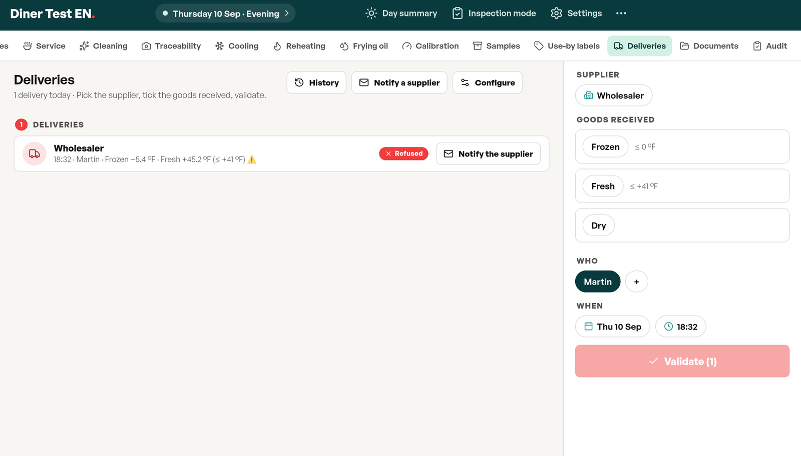 Today's receiving list: the distributor's delivery logged by Martin, frozen within range, refrigerated flagged in red, delivery rejected, with the Notify supplier button