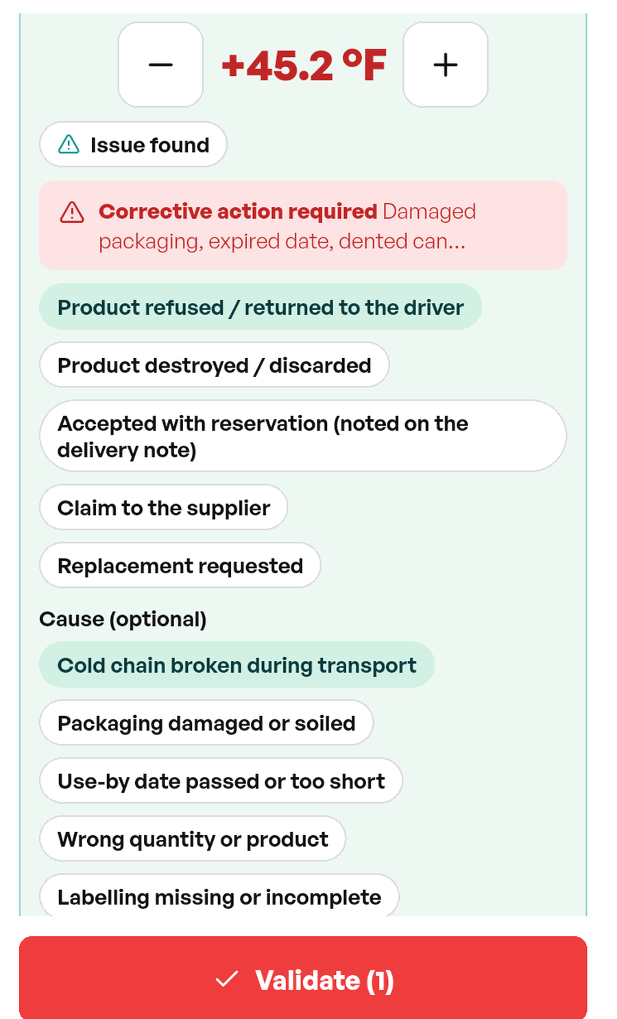 Panel “Corrective action required”: refrigerated food above 41 °F, choice between rejected, discarded, accepted with a note or credit request, then the cause, what became of the product and a photo