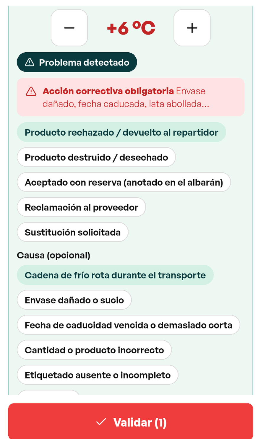 Panel «Acción correctiva requerida»: refrigerado a +6 °C, elección entre rechazo, destrucción, reserva en el albarán o reclamación, y después la causa, el destino del producto y la foto
