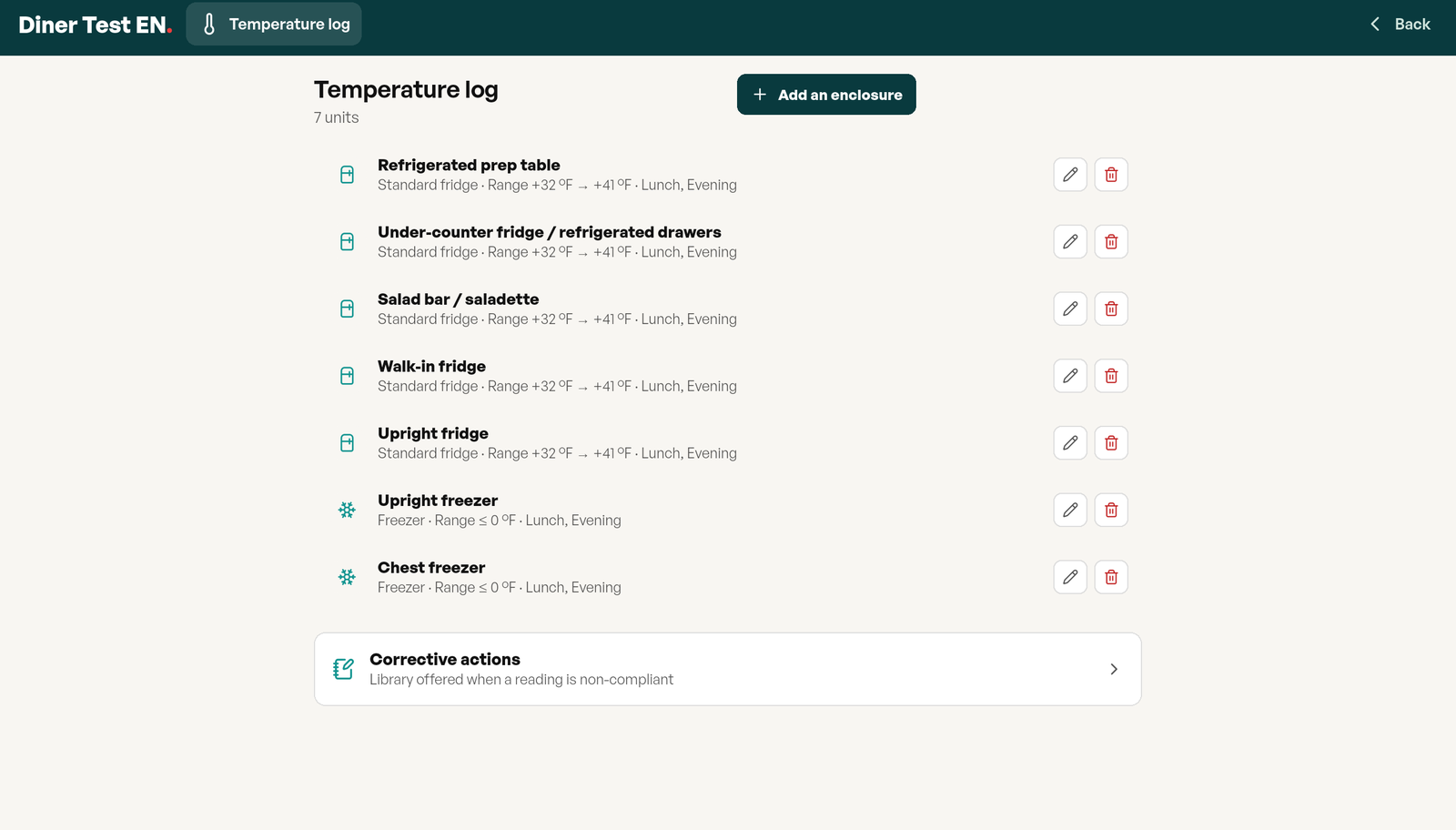 Module settings: the seven units listed with their family, their temperature range in °F and the meal periods when they are checked