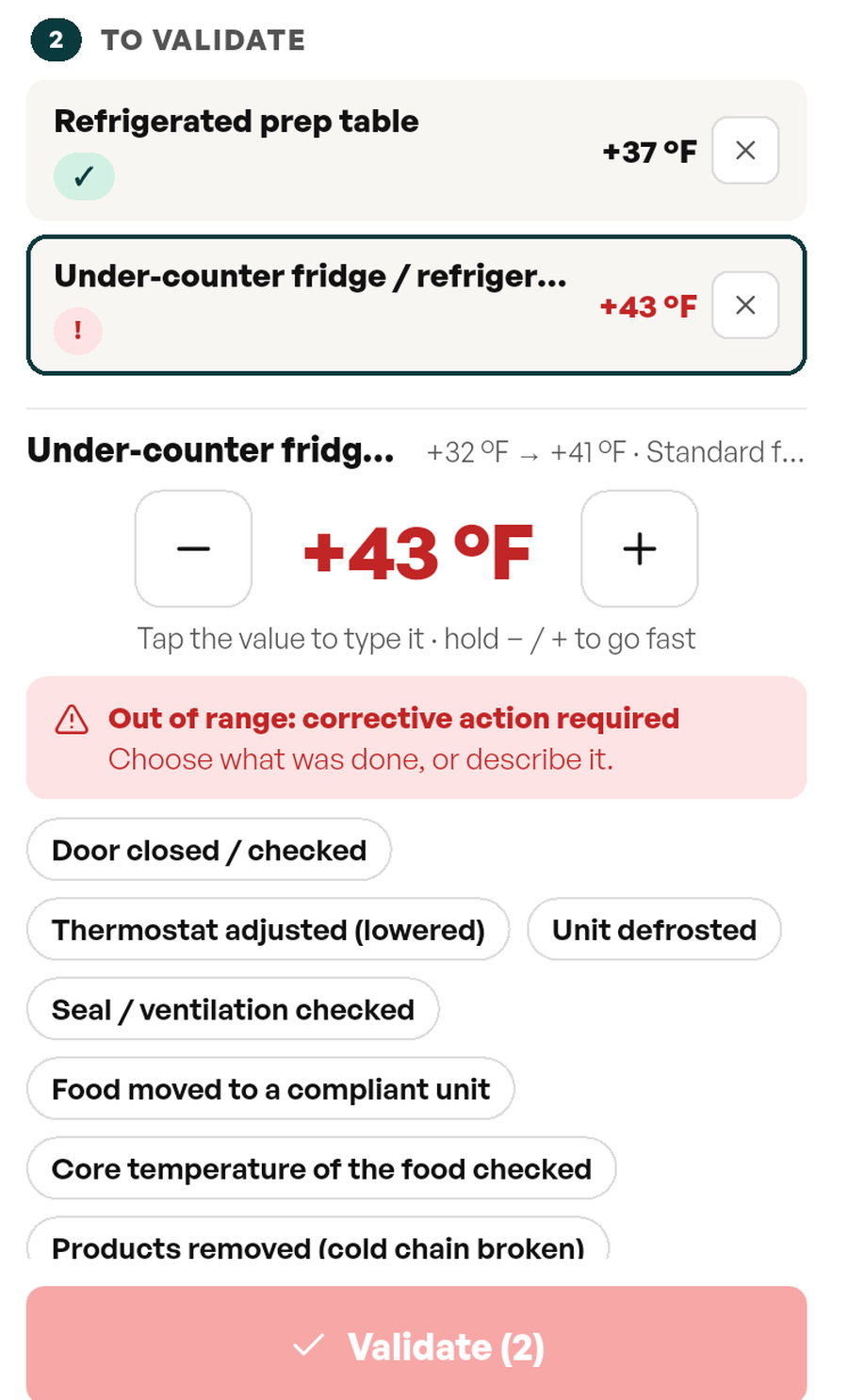 Entry panel: under-counter fridge at 43 °F, message “Out of range: corrective action required” and the list of suggested corrective actions