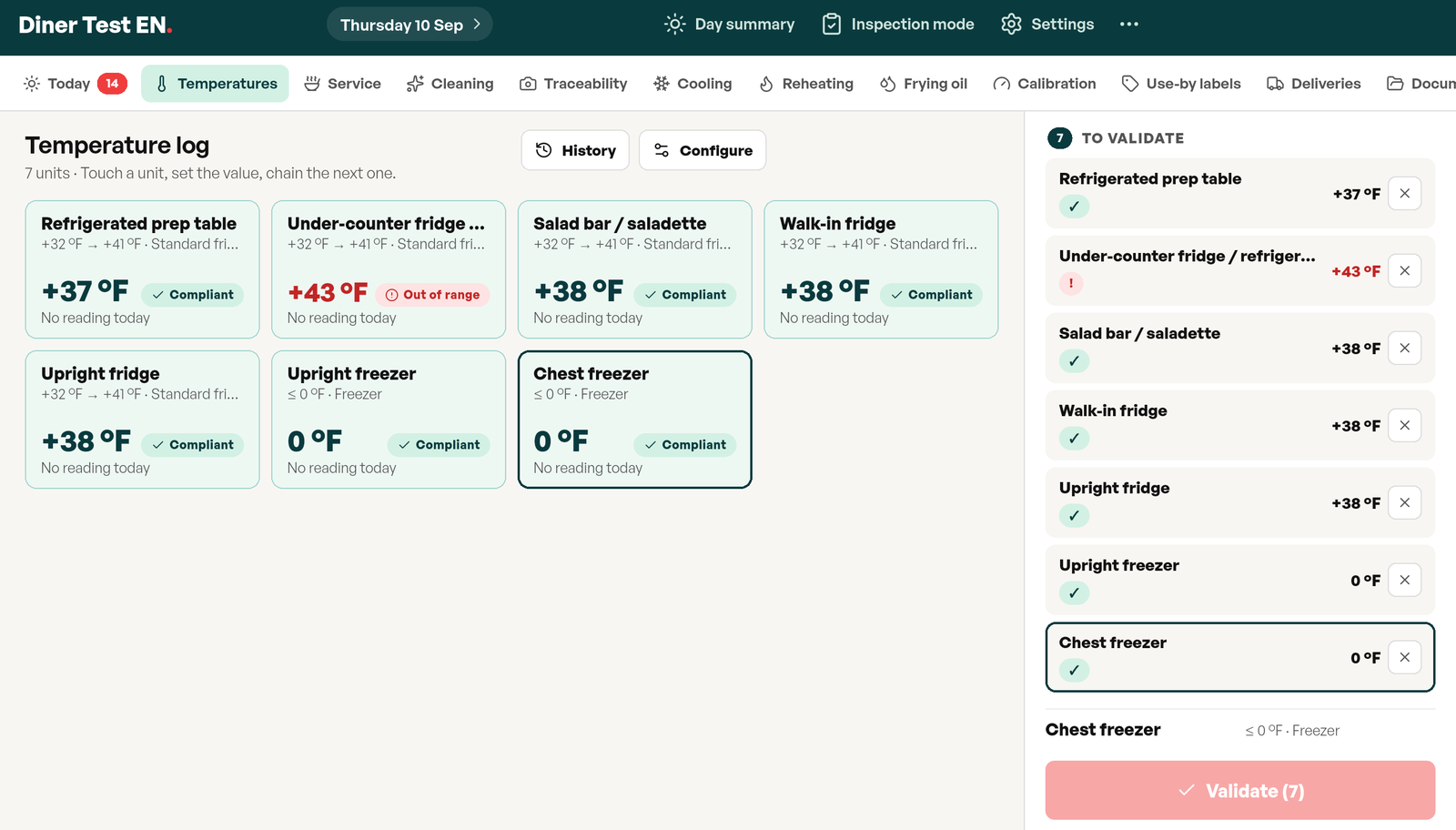 Seven readings waiting in the validation panel, each with its value and its verdict, before a single Validate