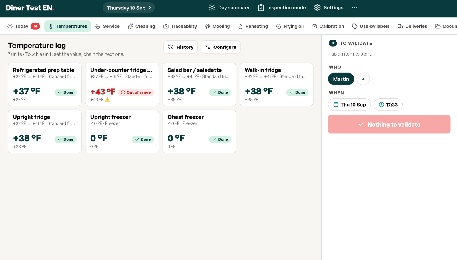 Temperature log screen in Tracito: seven cold units with their latest reading in °F, their limits, and one cooler flagged out of range in red