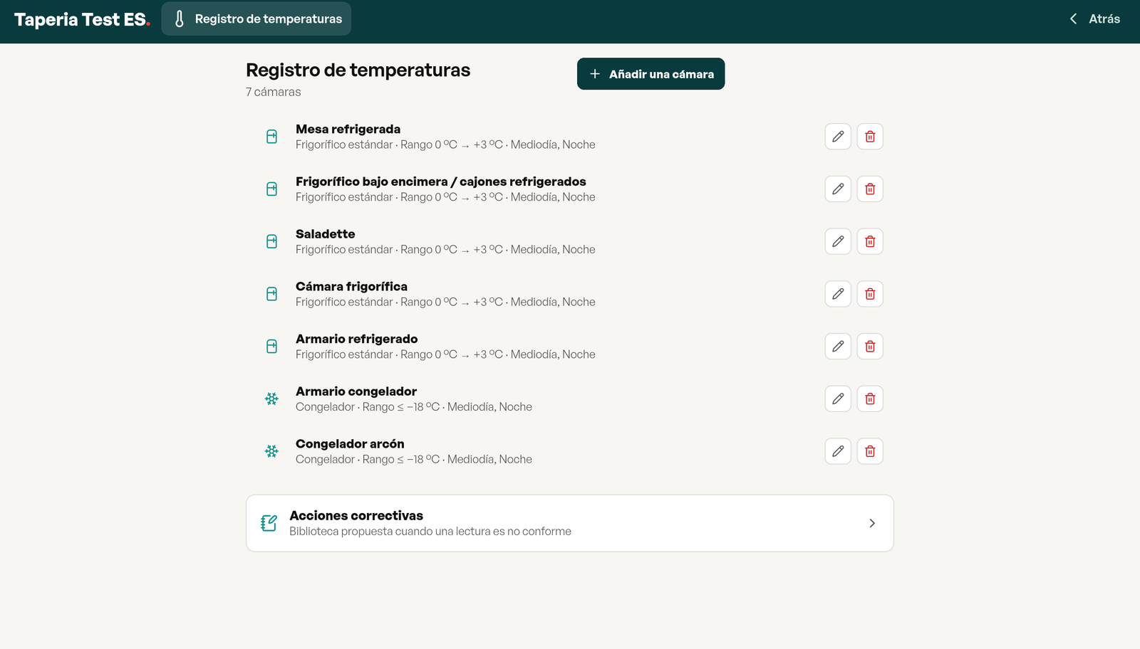 Configuración del módulo: las siete cámaras con su familia, su rango de temperatura y los servicios en los que se registran
