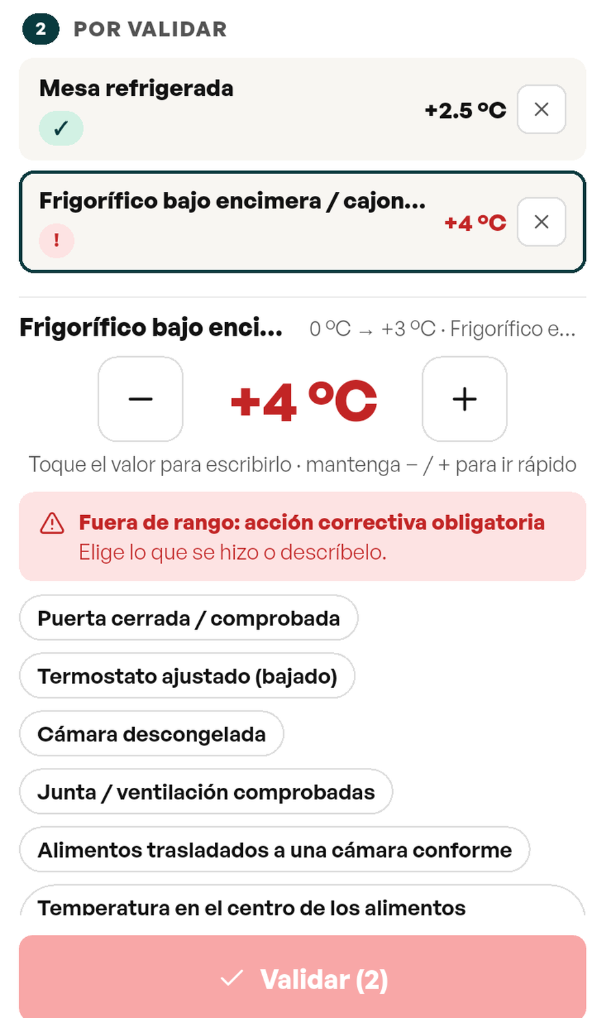 Panel de registro: frigorífico bajo encimera a +4 °C, mensaje «Fuera de rango: acción correctiva obligatoria» y la lista de acciones correctivas propuestas