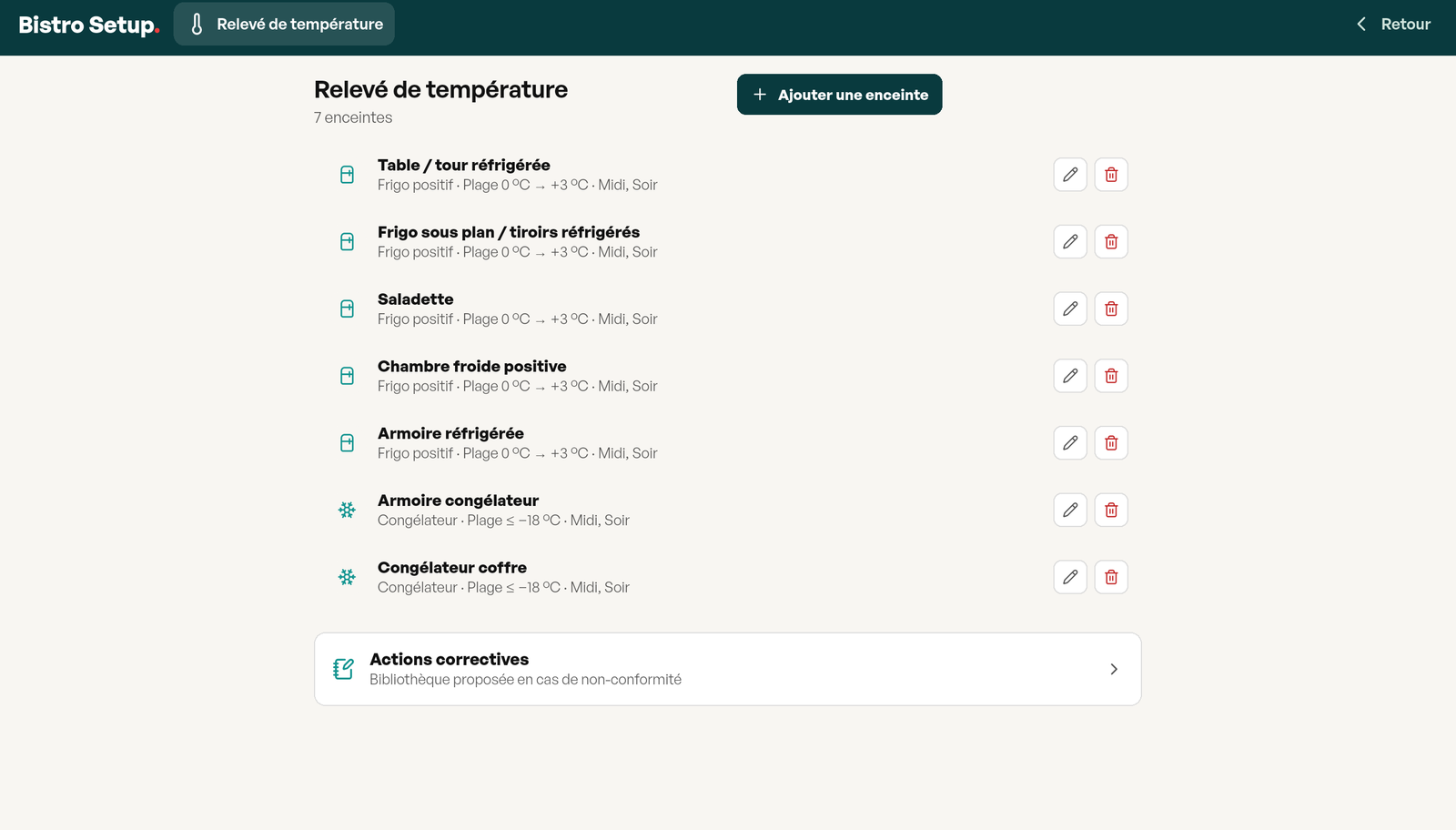 Paramétrage du module : liste des sept enceintes avec leur famille, leur plage de température et les services où elles se relèvent