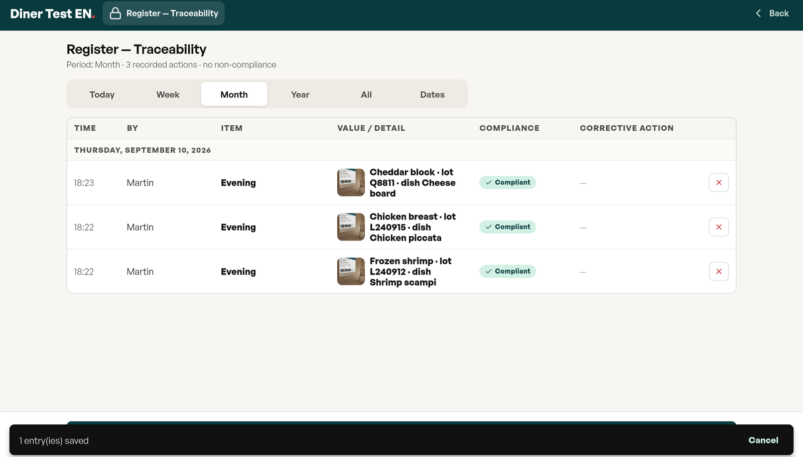 Traceability register: three lines from September 10 with the time, the first name Martin, the meal period, the label thumbnail, product, lot, dish and compliance