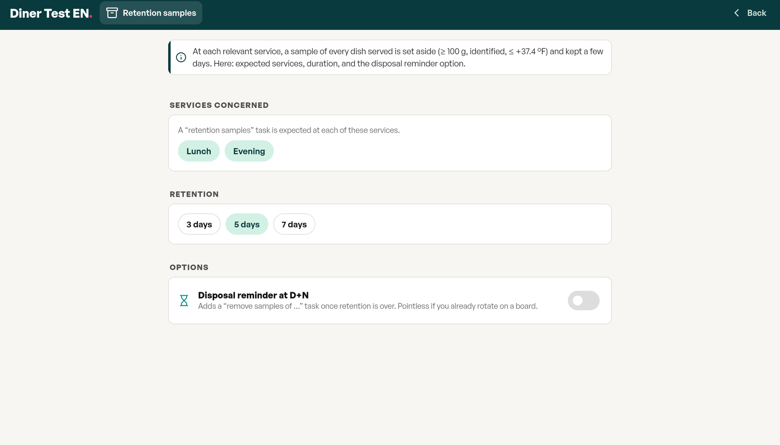 Retained samples settings: the meal periods to cover, the holding time to pick between 3, 5 and 7 days, and the discard reminder option