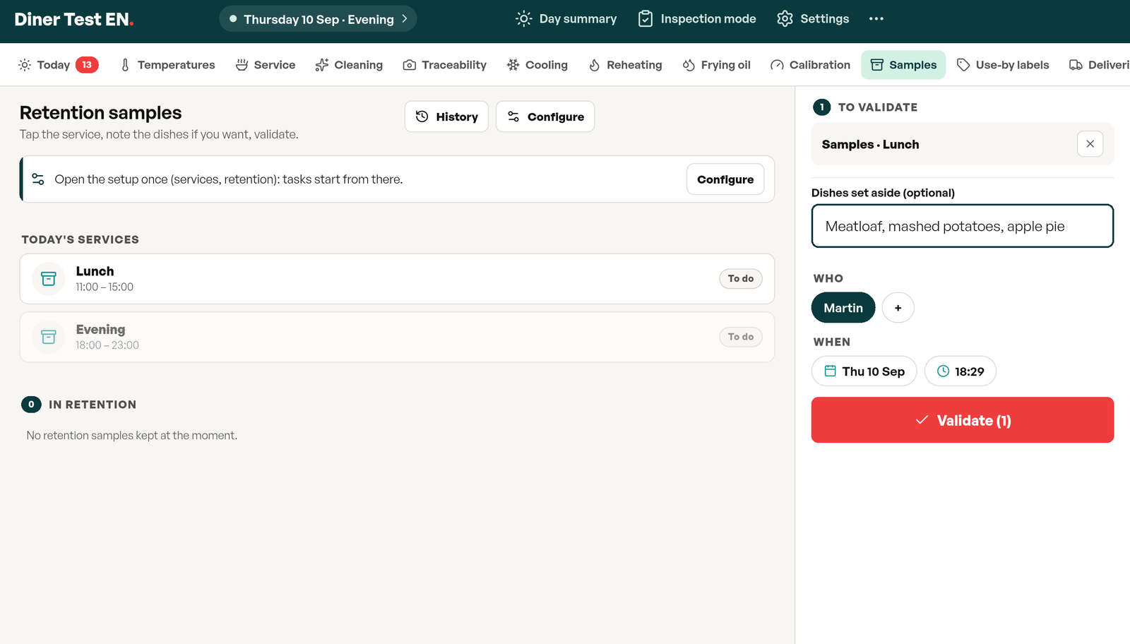 Retained sample entry panel: the optional field for the dishes set aside, the first-name picker, the time and the Validate button
