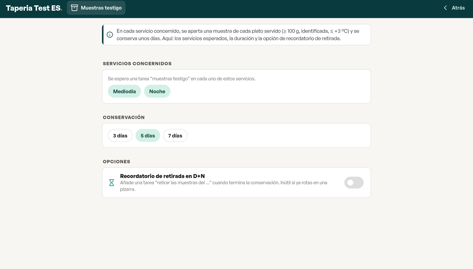 Ajustes del módulo Muestras testigo: los servicios afectados, los días de conservación a elegir entre 3, 5 y 7, y la opción de aviso de retirada